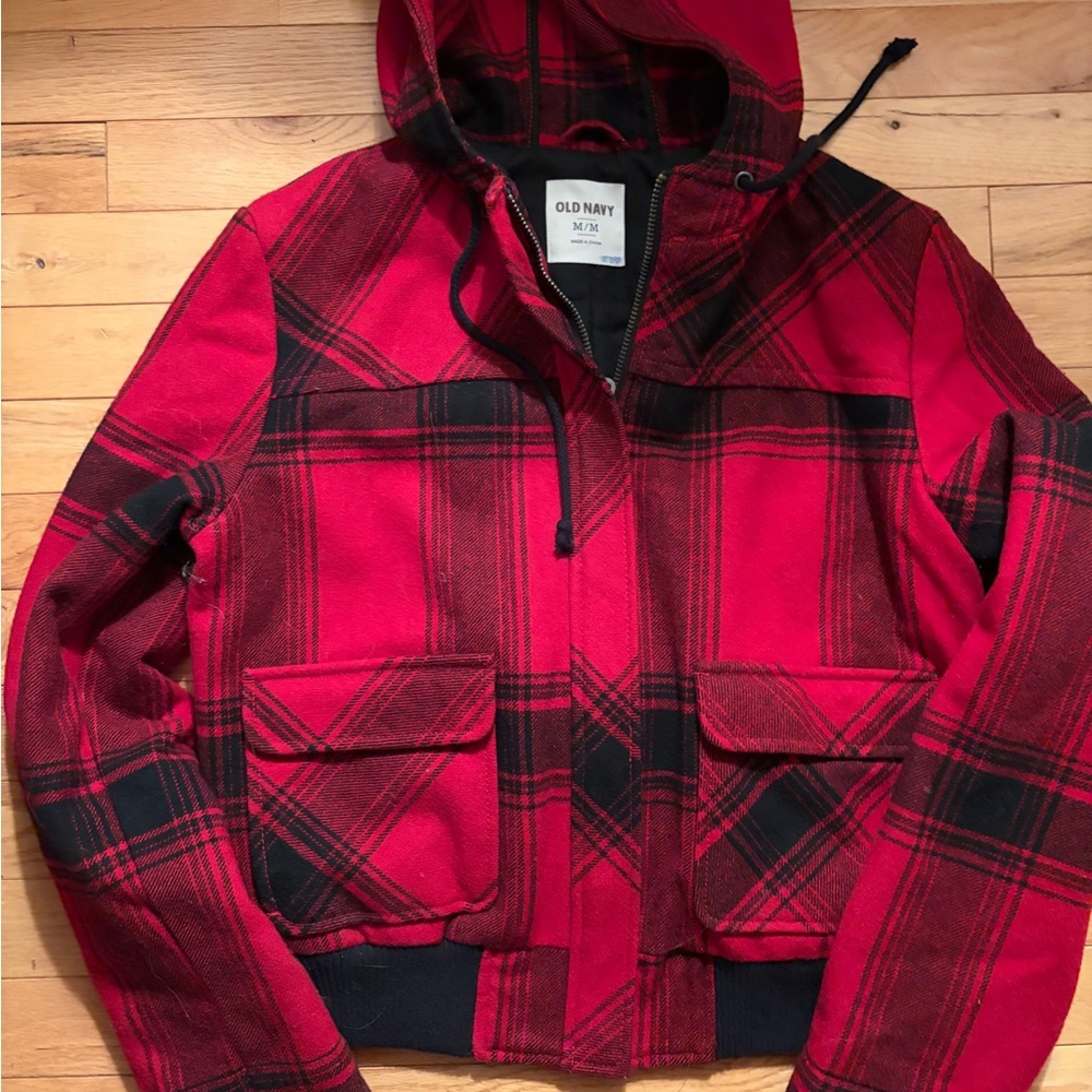 Old Navy Red and Black Plaid Wool Bomber Jacket w Hood (M)